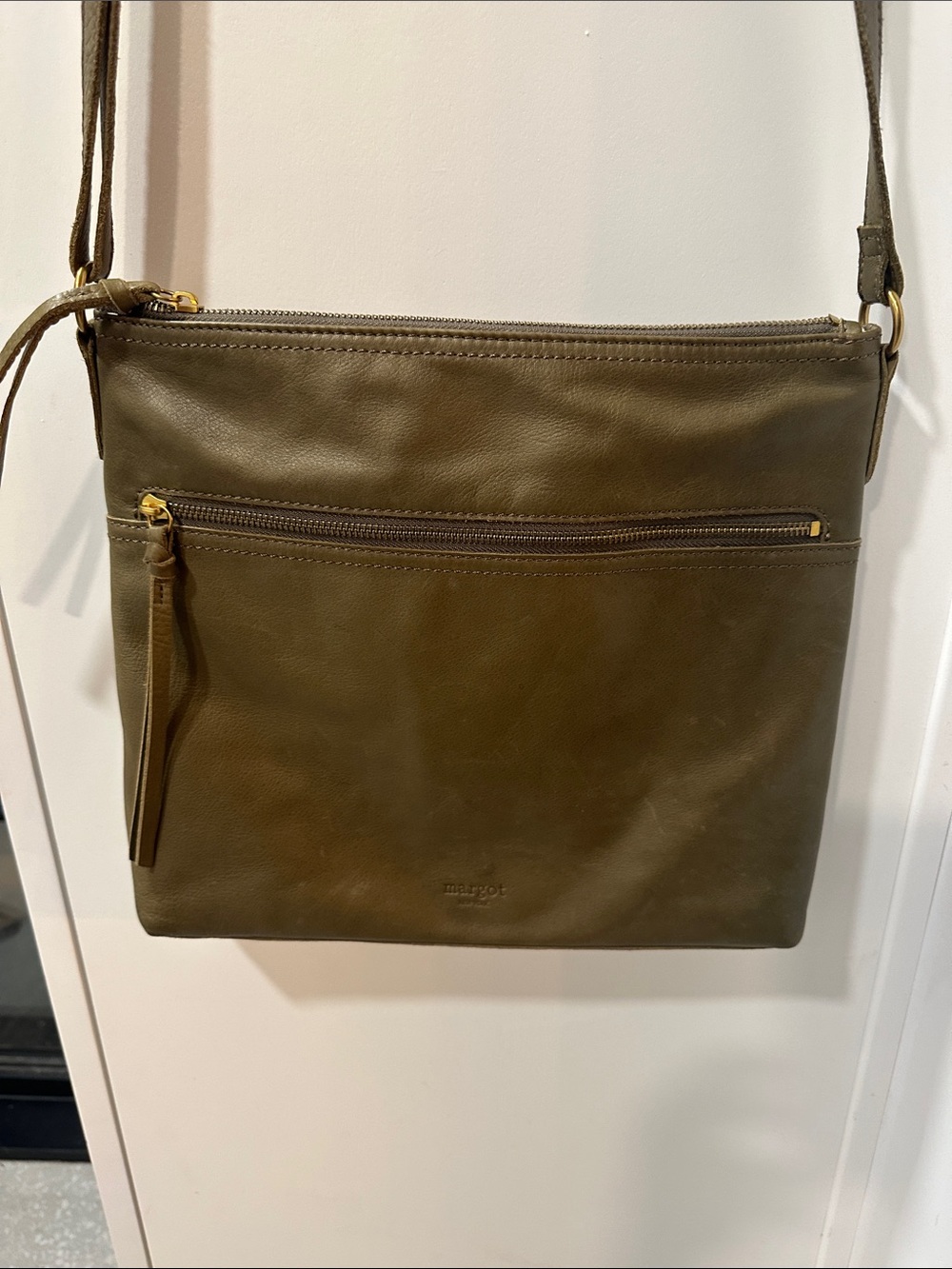 Margot New York Olive Leather Zip Front Crossbody Bag with Gold Hardware